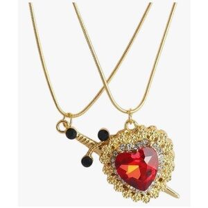 HEART DAGGER NECKLACE 2PC SET RED CRYSTAL COUPLES PENDANT RHINESTONE GOLD TONE